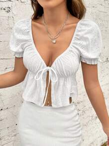 SHEIN EZwear Áo thun trắng tay bồng thêu lỗ thắt nút phía trước peplum crop - trắng - Xem 4