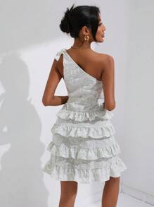 SHEIN Privé Đầm Thắt nút Xù Thắt lưng phân lớp Lá thư Dễ thương - màu xanh lá - Xem 2