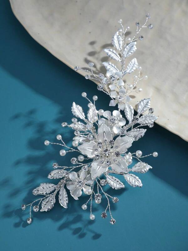 تيجان أنيقة مزينة بالأزهار واللؤلؤ الاصطناعي مشبك شعر العروس، ثلج