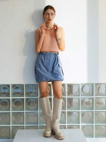 SHEIN Váy nữ Dây kéo Túi Quần paper-bag màu trơn Giải trí - Màu xanh lam - Xem 13