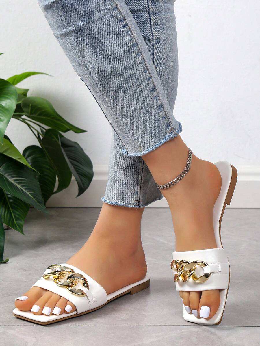 時尚涼拖適用於鏈條裝飾單帶平底涼鞋 - 白色 - 查看 1