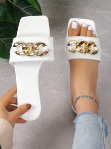 時尚涼拖適用於鏈條裝飾單帶平底涼鞋 - 白色 - 查看 2