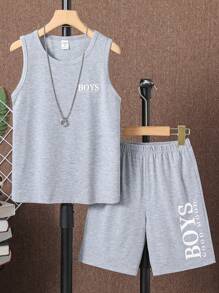 SHEIN Tween Boy Letter Graphic Tank Top & Shorts - Light Grey - View 1