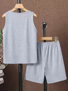SHEIN Tween Boy Letter Graphic Tank Top & Shorts - Light Grey - View 2