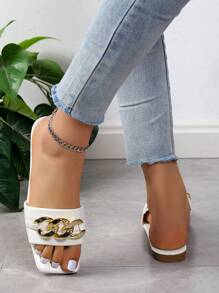 時尚涼拖適用於鏈條裝飾單帶平底涼鞋 - 白色 - 查看 4