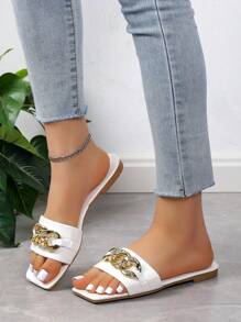 時尚涼拖適用於鏈條裝飾單帶平底涼鞋 - 白色 - 查看 5