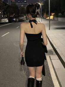 Vestido ajustado unicolor halter de espalda abierta - Negro - Ver 2