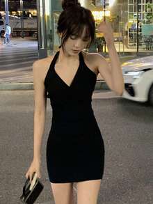 Vestido ajustado unicolor halter de espalda abierta - Negro - Ver 5