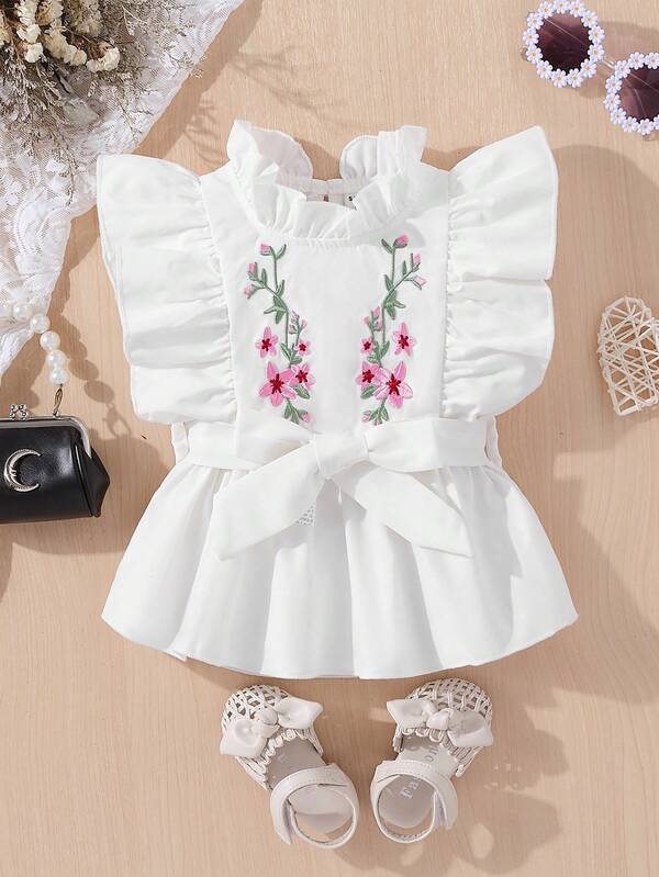 SHEIN bebê Blusa peplum bordado floral pescoço acabamento de babados com cinto