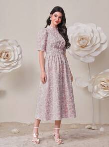 Modelyn 滿身花卉提花泡泡袖連衣裙 - 藕粉色 - 查看 4
