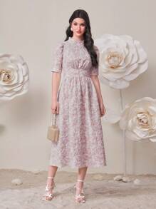 Modelyn 滿身花卉提花泡泡袖連衣裙 - 藕粉色 - 查看 6