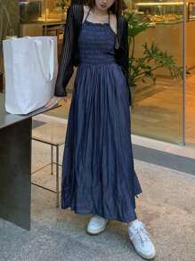 Solid Frill Trim Halter Dress - Navy Blue - View 1