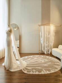 女士花卉刺绣网眼新娘面纱秋季服装 - 米色 - 查看 2