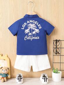 SHEIN 男嬰椰子樹和字母圖案襯衫和短褲 - 藍白色 - 查看 1
