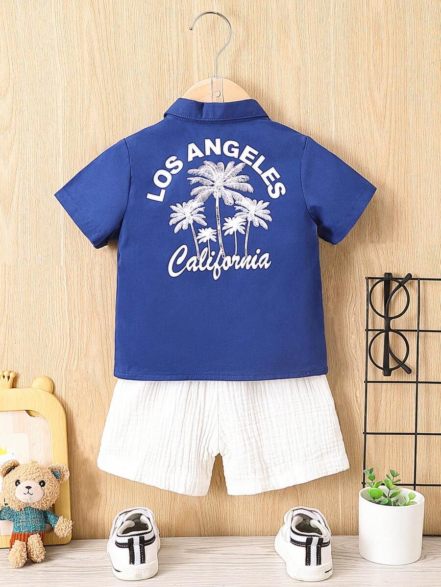 SHEIN 男嬰椰子樹和字母圖案襯衫和短褲 - 藍白色 - 查看 1