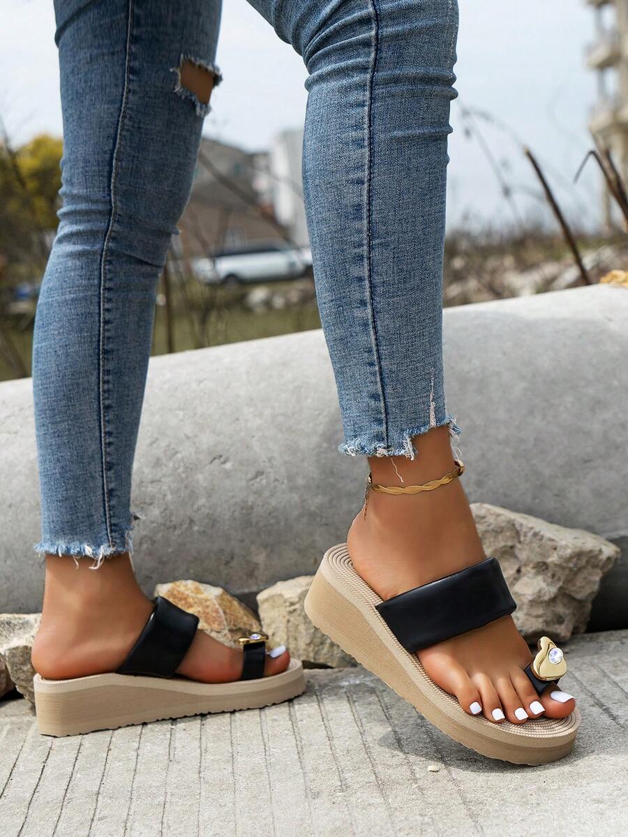 Fashionable Wedge Slide Sandals For Women, Toe Post Metal Decor Sandals - Black - View 1