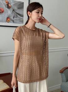 DAZY Solid Batwing Sleeve Top Sheer - Khaki - View 5