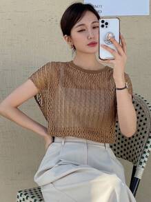 DAZY Solid Batwing Sleeve Top Sheer - Khaki - View 6