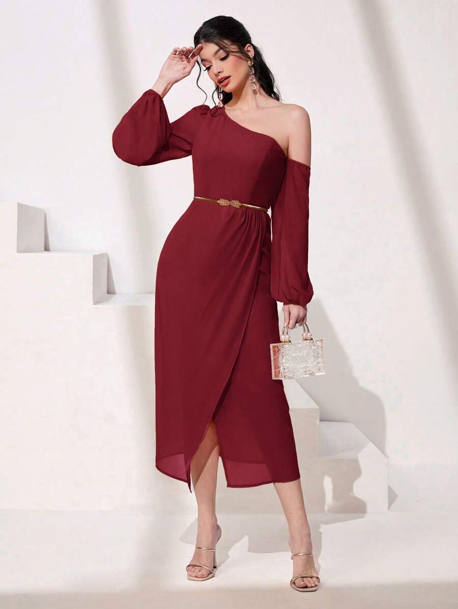 Modelyn Đầm Bất đối xứng Trọn gói màu trơn Thanh lịch - Đỏ - Xem 1