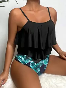 Swim Lushoire Summer Beach Tropical Print Ruffle Hem Tankini - Multicolor - View 6