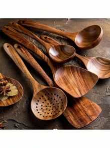 Juego de cuchara y cucharón de cocina con patrón de madera, juego de herramientas de cocina Boho Osier, 4 piezas/5 piezas/7 piezas