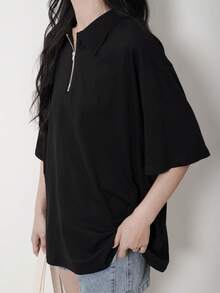 Camiseta de hombros caídos unicolor con cremallera media - Negro - Ver 3