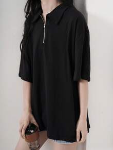 Camiseta de hombros caídos unicolor con cremallera media - Negro - Ver 4