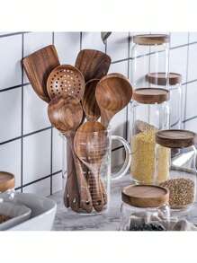 Juego de cuchara y cucharón de cocina con patrón de madera, juego de herramientas de cocina Boho Osier, 4 piezas/5 piezas/7 piezas