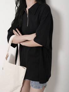 Camiseta de hombros caídos unicolor con cremallera media - Negro - Ver 5