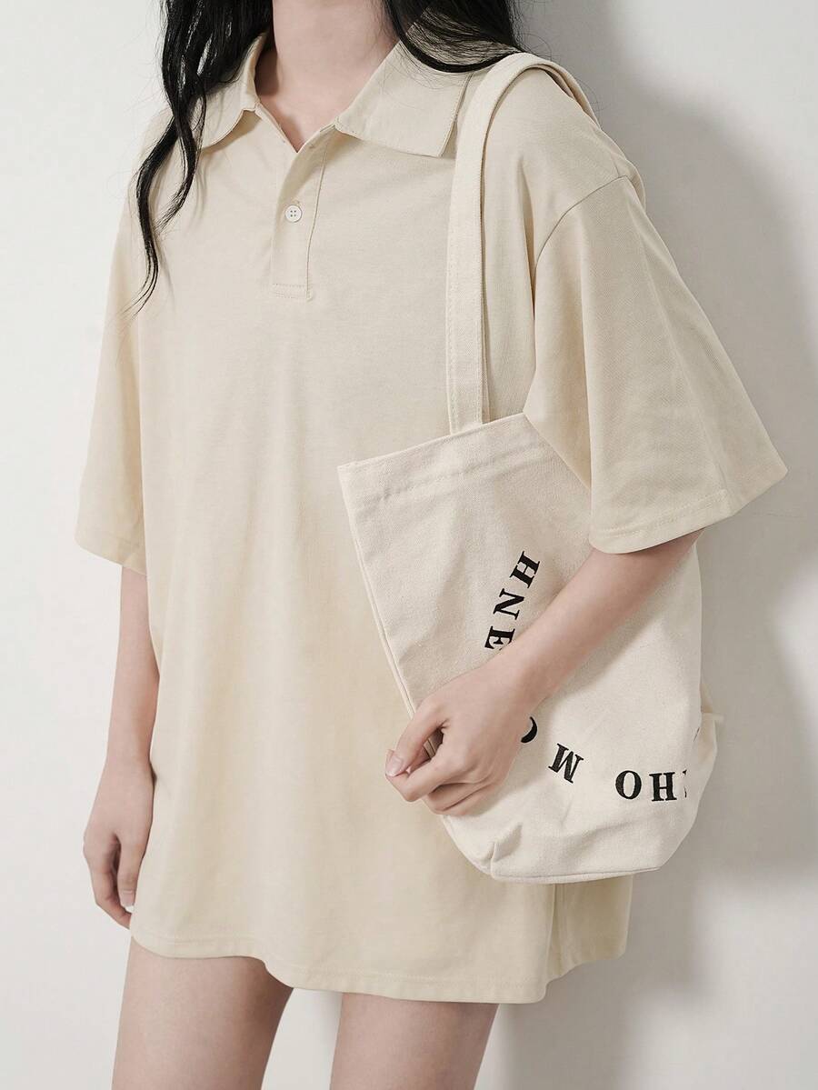 Camiseta unicolor de hombros caídos de cuello polo - Albaricoque - Ver 1