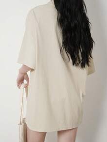 Camiseta unicolor de hombros caídos de cuello polo - Albaricoque - Ver 2