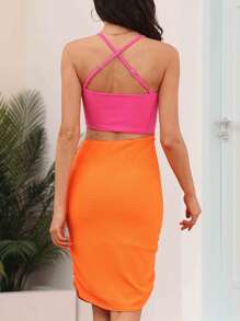 SHEIN VCAY 雙色前扭結鏤空吊帶連衣裙 - 玫紅色 - 查看 2