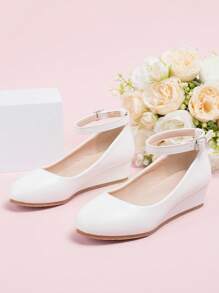 Girls Solid Color Princess Ankle Strap Wedge Flats Outdoor - White - View 4
