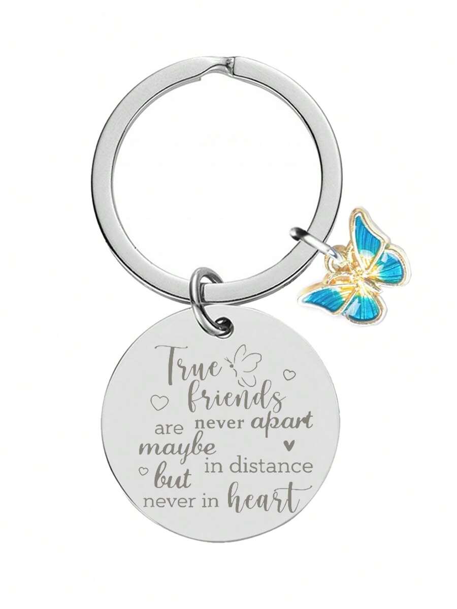 1pc Unisex Butterfly Accessory Best Friend Message Round Pendant Stainless Steel Keychain Graduation Season Friendship Gift - Light Grey - View 1