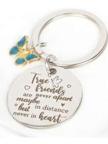 1pc Unisex Butterfly Accessory Best Friend Message Round Pendant Stainless Steel Keychain Graduation Season Friendship Gift - Light Grey - View 4