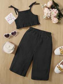 SHEIN 嬰兒肩上打結吊帶上衣和闊腿褲 - 黑色 - 查看 1