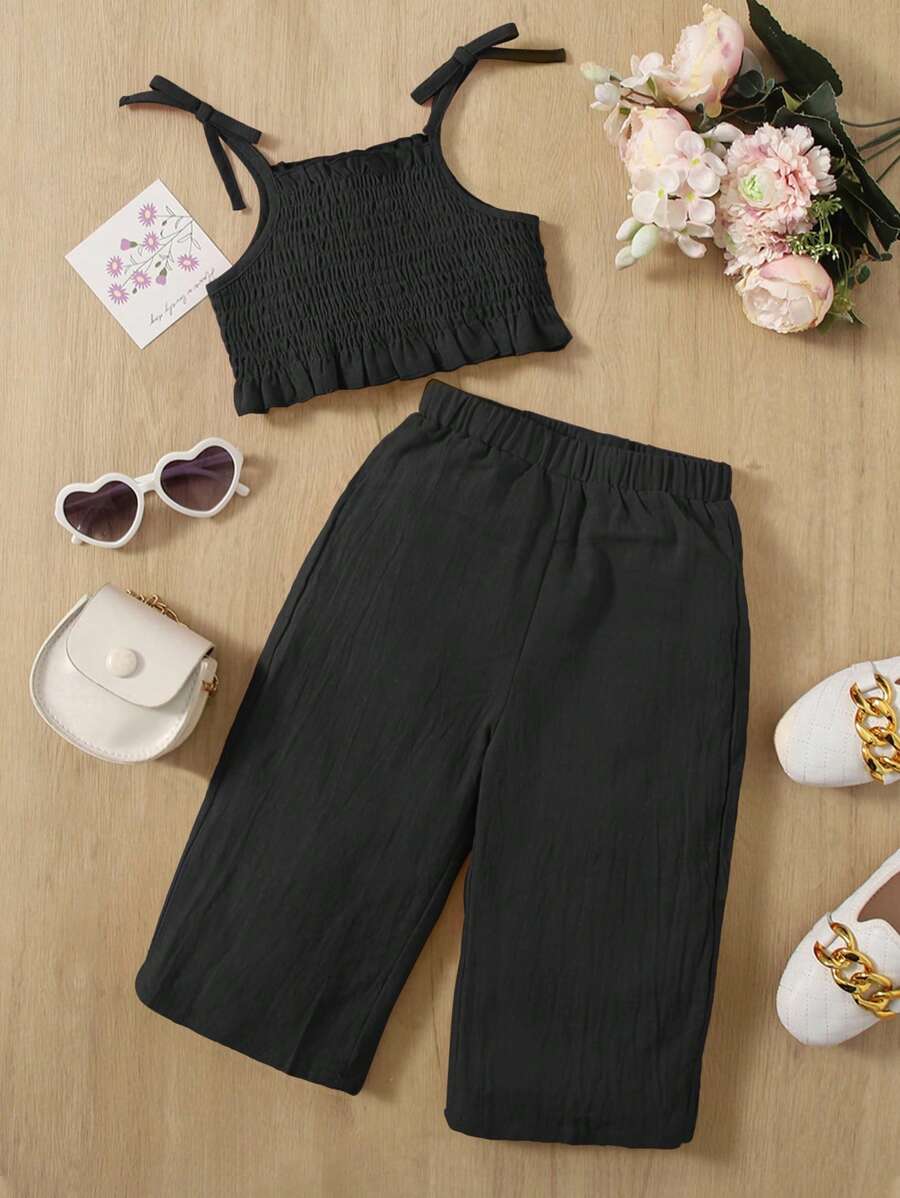 SHEIN 嬰兒肩上打結吊帶上衣和闊腿褲 - 黑色 - 查看 1