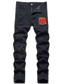 Men Cotton Number Patched Ripped Jeans - Black - View 1
