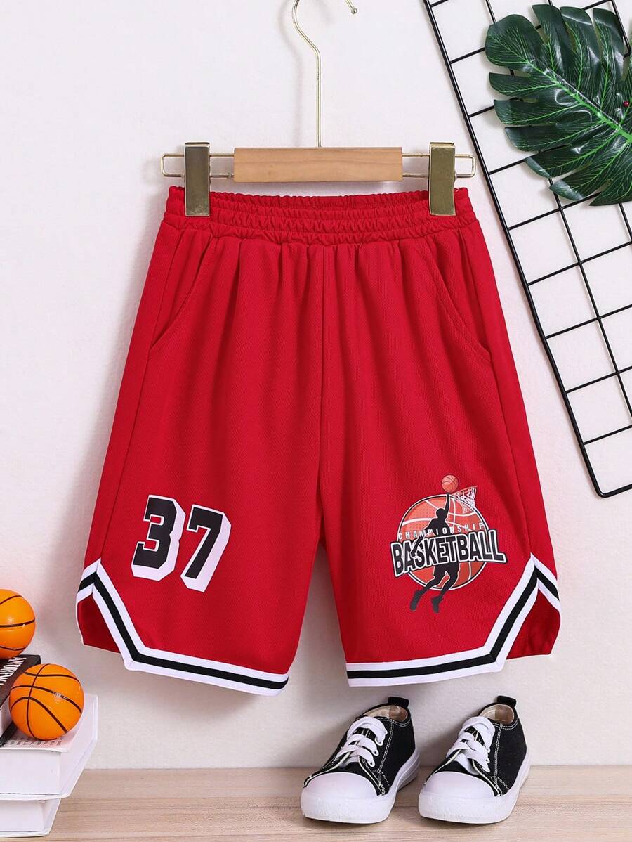 SHEIN 男孩字母圖案拼接邊短褲 - 紅色 - 查看 1