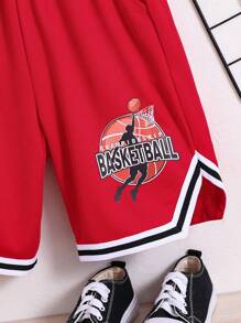 SHEIN 男孩字母圖案拼接邊短褲 - 紅色 - 查看 3