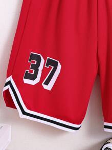 SHEIN 男孩字母圖案拼接邊短褲 - 紅色 - 查看 4