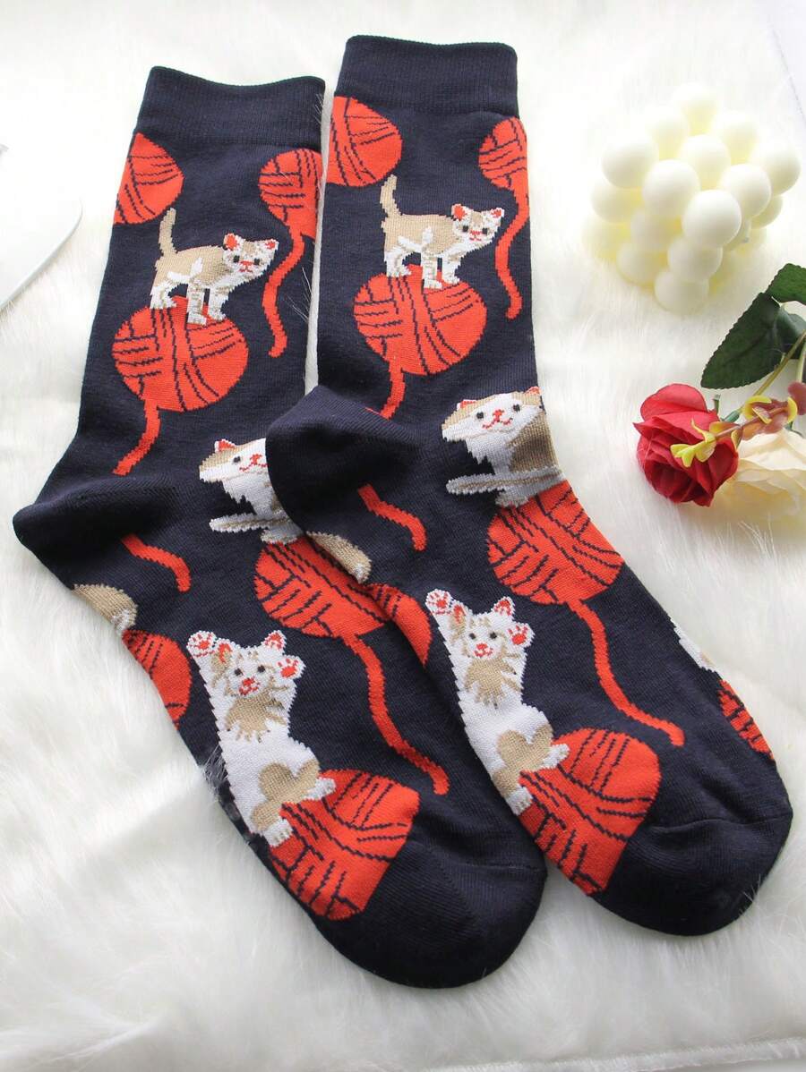 1雙女性貓和纱线球圖案休閒中筒襪適用於日常 - 彩色 - 查看 1