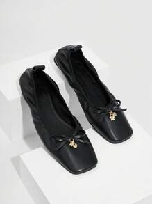 女士蝴蝶設計蝴蝶結裝飾時尚黑色人造皮革芭蕾舞鞋