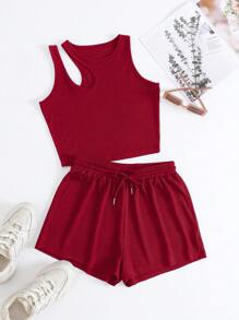 INAWLY Cut Out Tank Top & Drawstring Waist Track Shorts - Red - View 1