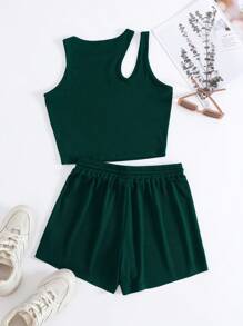 INAWLY Cut Out Tank Top & Drawstring Waist Track Shorts - Dark Green - View 2