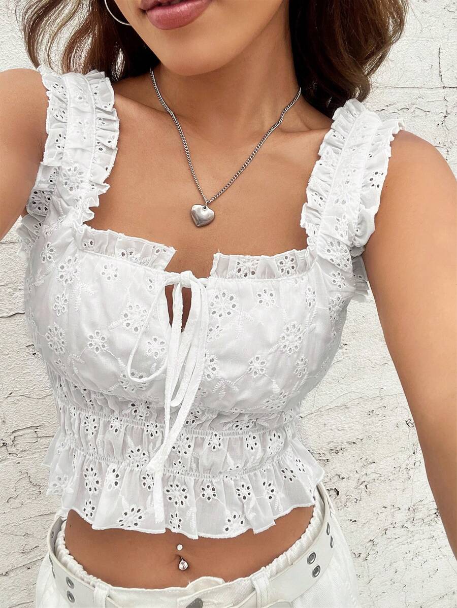 SHEIN EZwear Eyelet Embroidery Frill Trim Knot Front Cami Top - White - View 1