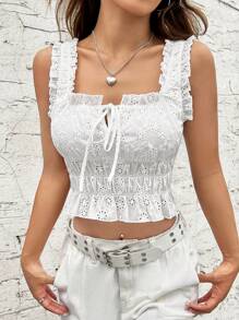 SHEIN EZwear Eyelet Embroidery Frill Trim Knot Front Cami Top - White - View 4