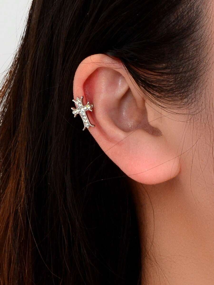 2pcs/Set Full Rhinestone Cross Shaped Zinc Alloy Ear Cuffs Set Personalized Ear Jewelry - Silver - View 1