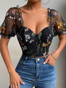 Chiquease Top court bustier brodé fleur en tulle manches bouffantes