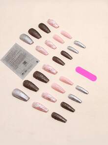 24 chiếc Móng tay giả long lanh long lanh & 1 tấm băng dính & 1 dũa móng tay - Nhiều màu - Xem 2